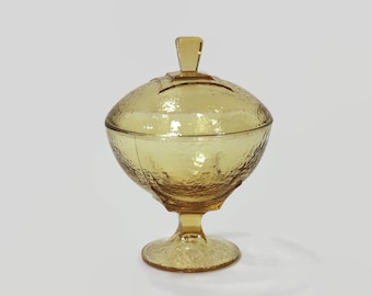 Hazel Atlas Pebbletone Amber Covered Compote Candy Dish