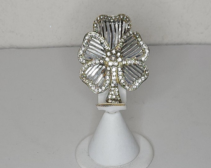 Vintage Silver Tone Pansy Fur Clip with Clear Rhinestones C-9-77