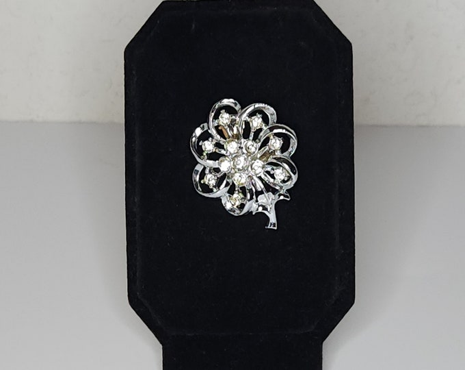 Vintage Silver Tone Floral Brooch Pin with Clear Rhinestones B-9-33