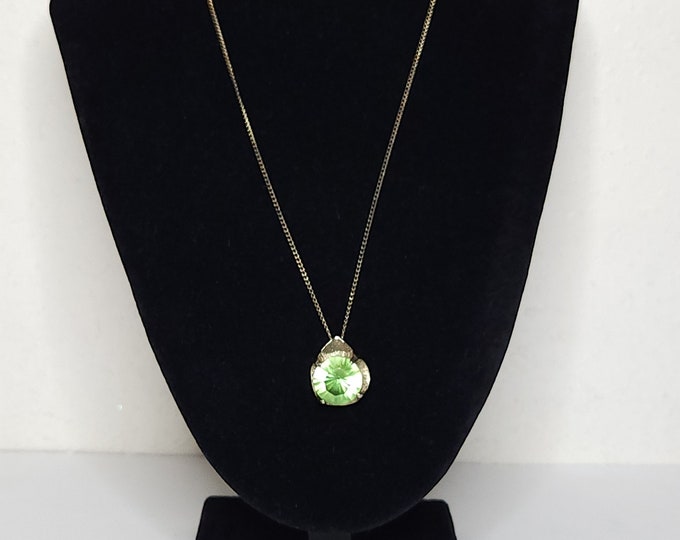 Vintage Gold Tone Pendant Necklace with Green Translucent Plastic Stone C-4-7