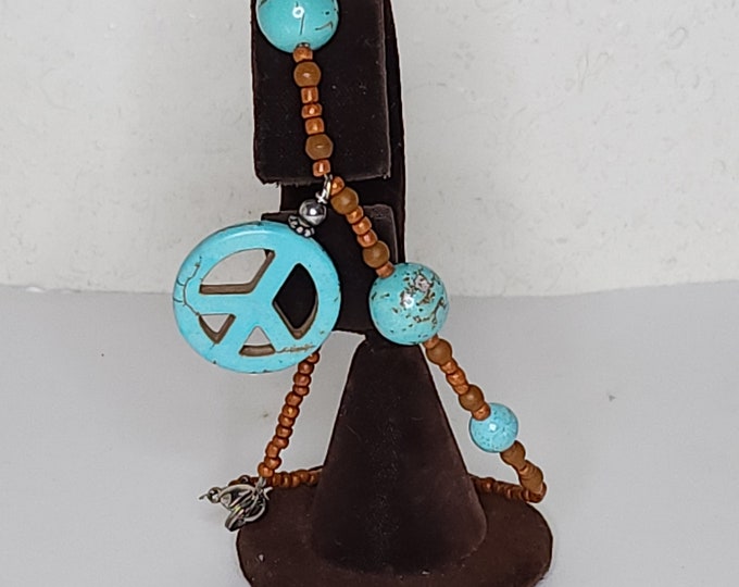 Vintage Anklet with Faux Turquoise Peace Sign and Beads and Brown Seed Beads C-5-1