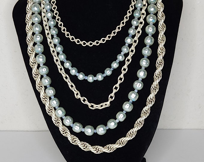 Vintage Five Strand White Enamel Chains and Blue Faux Pearls Beaded Necklace B-9-97