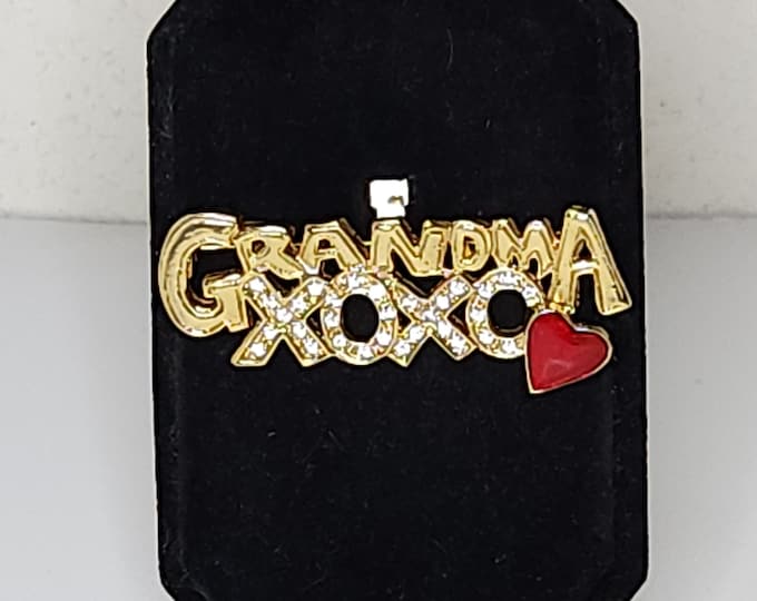 Vintage Gold Tone "Grandma" Brooch Pin with Clear Rhinestones XOXO and Red Enamel Heart C-2-91