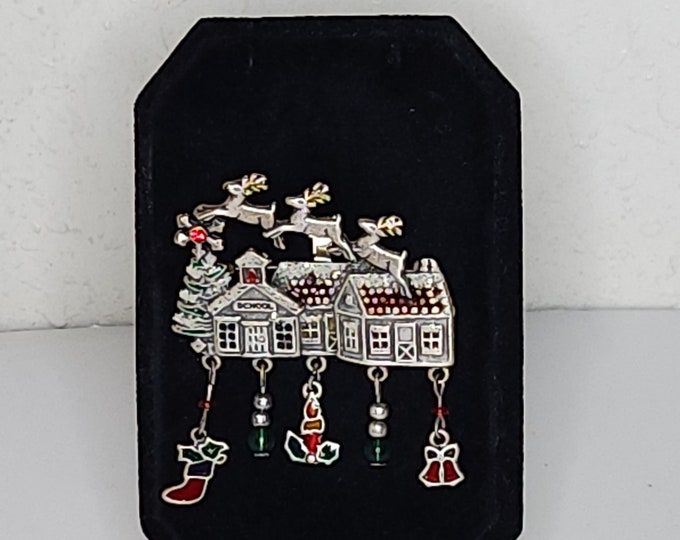 Vintage Kenneth Cole Signed Silver Tone Christmas Neighborhood with Santa's Reindeer and Dangles Brooch Pin C-6-98