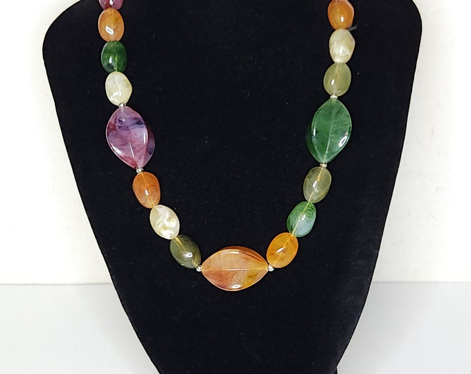 Vintage Lucite Swirled Beaded Necklace in Green, Orange, Purple, Yellow and White B-5-97
