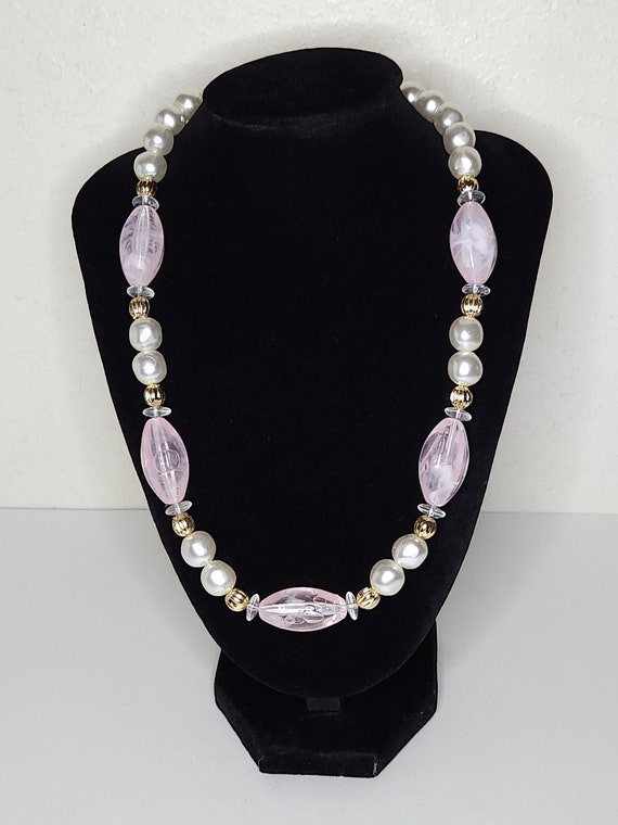 Vintage Faux Pearl and Rose Quartz Acrylic Bead Necklace B-5