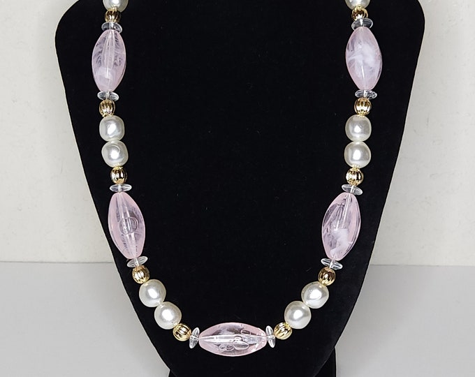 Vintage Faux Pearl and Rose Quartz Acrylic Bead Necklace B-5-75