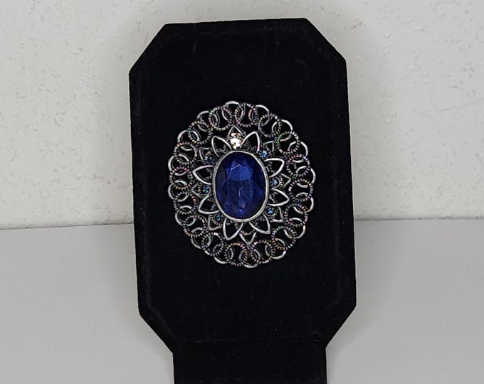 Vintage Silver Tone Filigree Oval Brooch Pin with Blue Rhinestones C-1-62