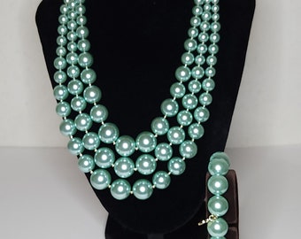 Vintage Macy's Charter Club Signed Seafoam Green Imitation Pearl Three Strand Necklace and Stretch Bracelet Set NOS A-8-72