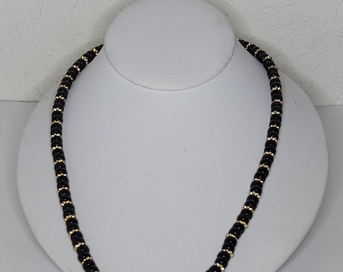 Vintage Avon Signed Black Plastic and Gold Tone Floral Spacer Bead Necklace C-3-33