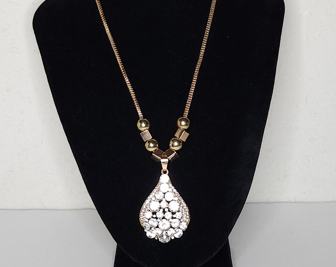 Super Sparkly Rhinestone Teardrop Pendant with Gold Tone Square and Round Beads on Gold Tone Box Chain Necklace D-1-22