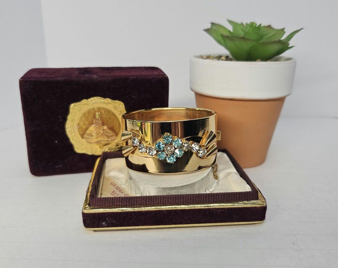 Vintage Lustern Gold Plated Clamper Cuff Clear and Topaz Aqua Colored Rhinestones..MINT in Box  D-5-32