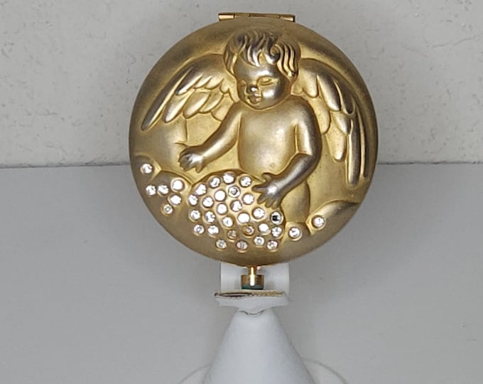Vintage Estee Lauder Signed Matte Gold Tone Powder Compact with Angel Cherub and Clear Rhinestones C-2-35