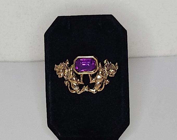 Vintage Gold Tone Two Lions and Purple Rectangular Rhinestone Brooch Pin D-1-32