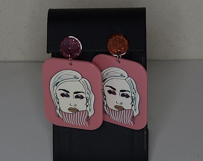 Pink Acrylic Rectangles with Woman's Image Dangle Earrings C-6-25