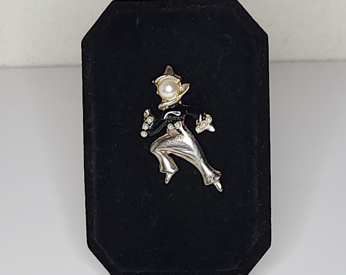 Vintage Gold Tone Clown Brooch Pin with Black Enamel and Faux Pearls B-9-24