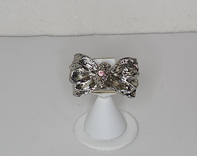 Silver Tone Bow with AB Rhinestone Adjustable Statement Ring D-1-42