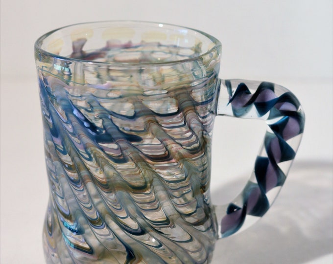 Unique & Interesting Glass Art Mug with Ribbon Handle and Feather Pull/Waves