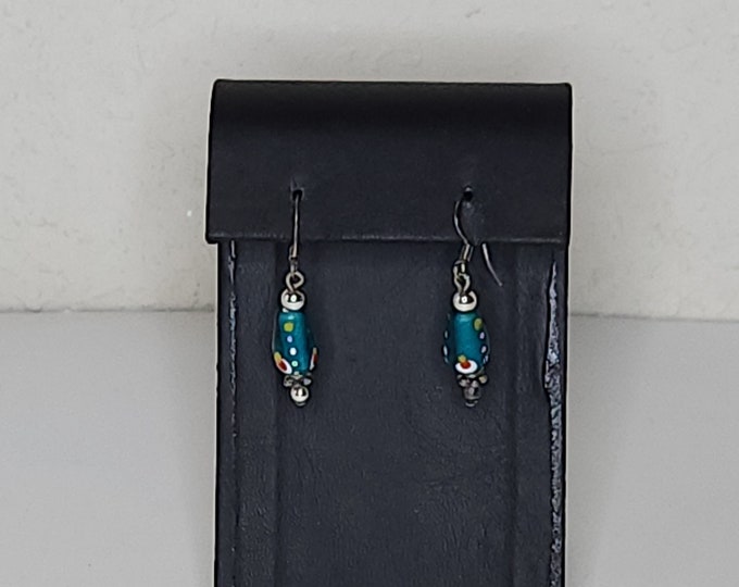 Vintage Blue Glass and Silver Tone Beaded Dangle Earrings C-7-14