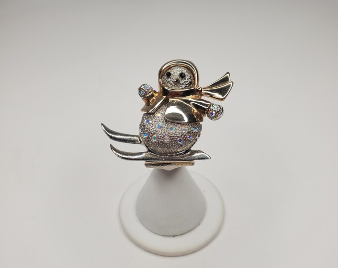 Vintage Two-Tone Skiing Snowman Brooch with AB Rhinestones D-6-49
