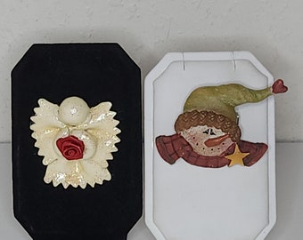 Vintage Set of Two Christmas Brooch Pins - Painted Pasta Angel, Snowman D-2-55