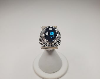 Costume Sliver-Tone Dark Aqua Blue Rhinestone Ring Size 9.5 D-6-37