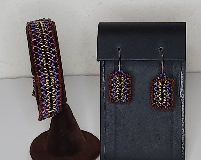 Vintage Hand Beaded Bracelet and Earrings Set in Maroon, Purple, Yellow and Black Seed Beads C-1-3