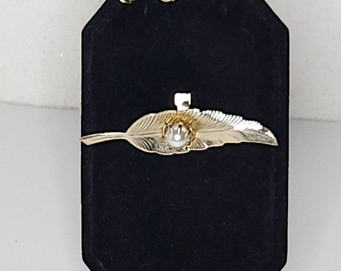 Vintage Gold Tone Leaf Brooch with Faux Pearl and Gold Tone Butterfly Stick Pin C-3-43