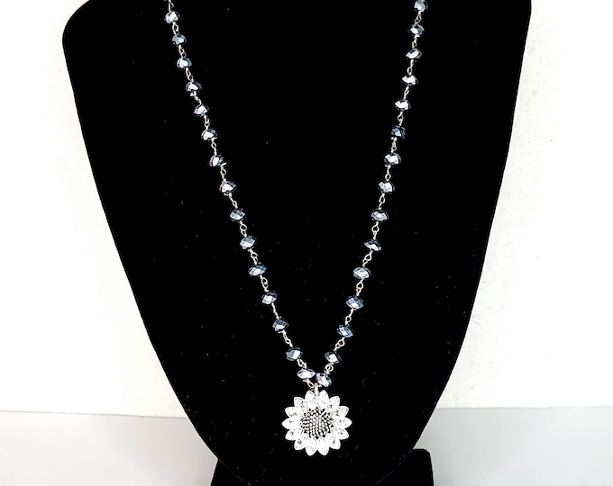 Vintage Fossil Signed Silver Tone Sunflower Pendant Necklace with Gray Faceted Beads and Clear Navette Rhinestones D-3-77