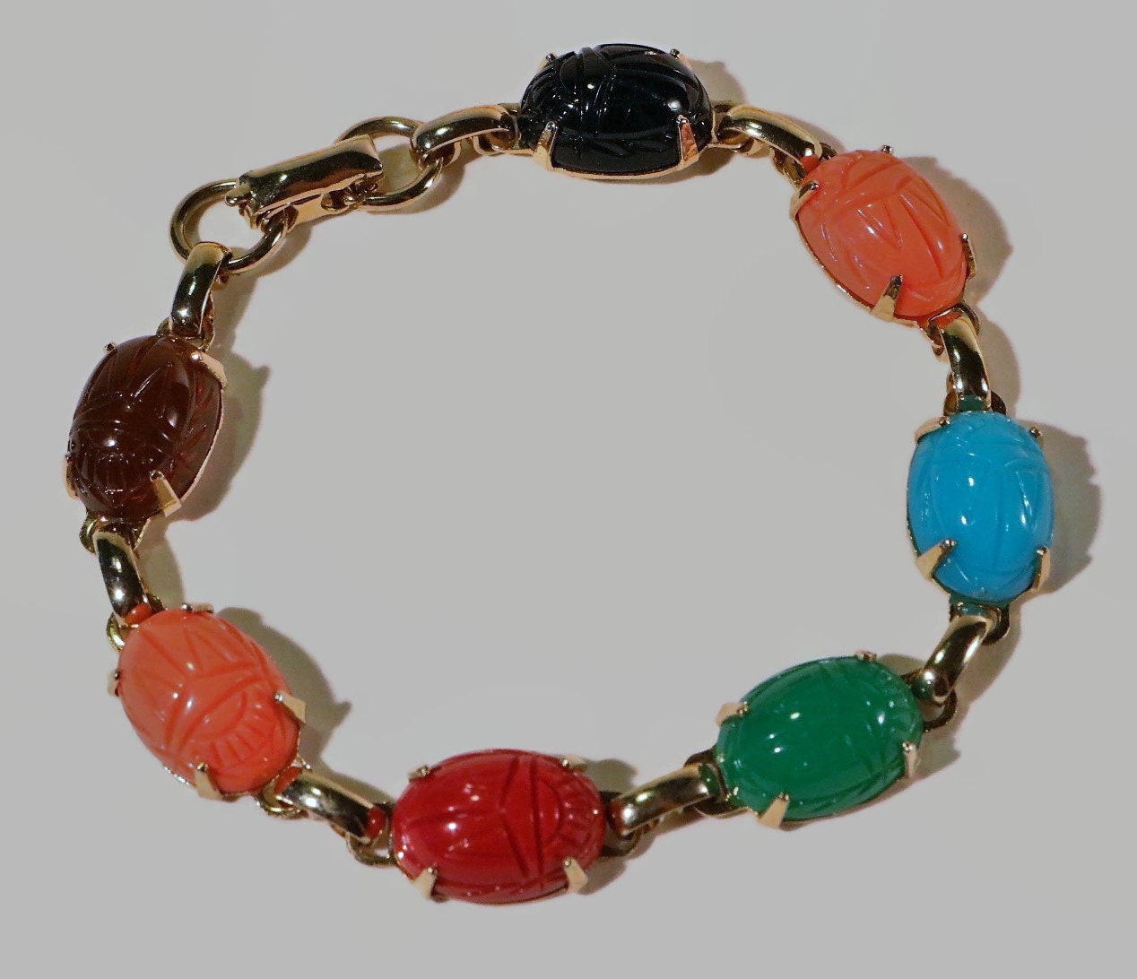 Vintage Coro Gold Tone Multi Colored Scarab Bracelet