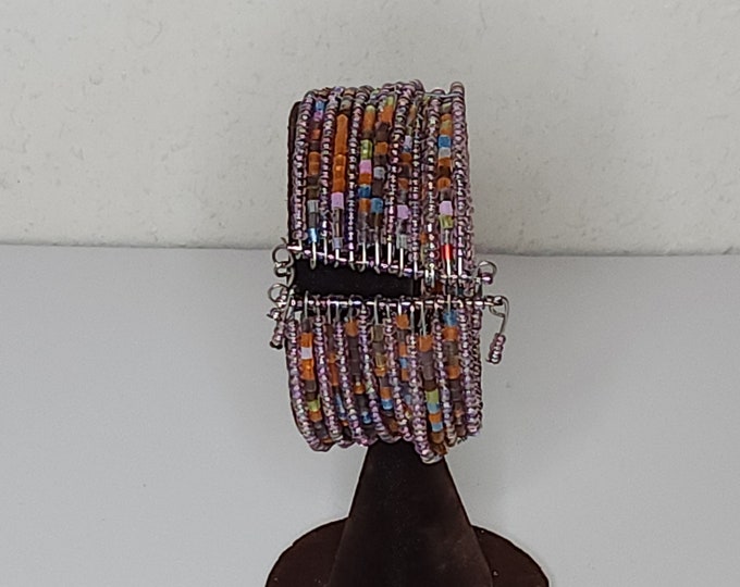 Vintage Multicolor Seed Bead on Memory Wire Cuff Bracelet D-2-38