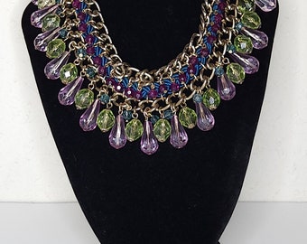 Vintage Gold Tone Chain with Blue Braided Rope and Purple, Green, and Blue Translucent Faceted Bead Dangles Necklace C-1-24