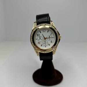 Gold-Tone and Rhinestone Watch with Black Leatherette Strap D-7-24