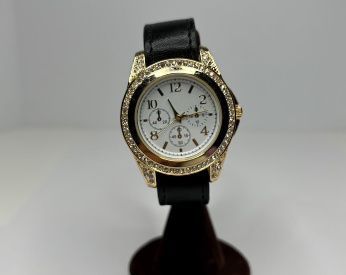 Gold-Tone and Rhinestone Watch with Black Leatherette Strap D-7-24