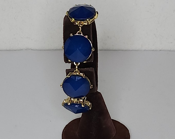 Vintage Faceted Rivoli Blue Acrylic "Stones" in Gold Tone Link Bracelet C-9-52