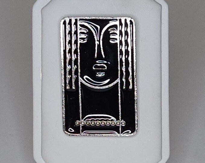 Vintage Ritz Pewter Marked Black Enamel Face Rectangle Brooch Pin and Pendant B-4-8
