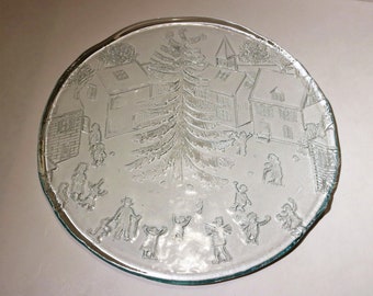 1980's Pressed Glass 12 1/4" Platter- Christmas Village with Children Throwing Snowballs - Blue Tinted Glass-