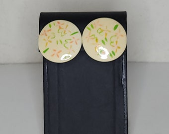 Vintage Beige Circle Stud Earrings with Green, Orange, Yellow and Pink Floral Design C-7-49