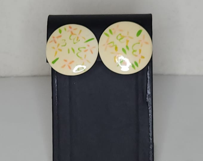 Vintage Beige Circle Stud Earrings with Green, Orange, Yellow and Pink Floral Design C-7-49