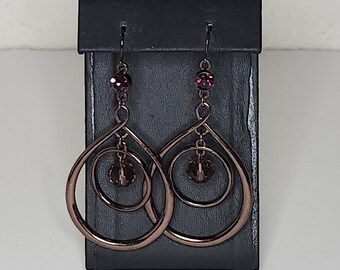 Purple Bronze Tone Teardrop Dangle Earrings with Purple Faceted Glass Beads and Purple Rhinestones C-9-82