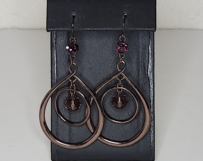 Purple Bronze Tone Teardrop Dangle Earrings with Purple Faceted Glass Beads and Purple Rhinestones C-9-82
