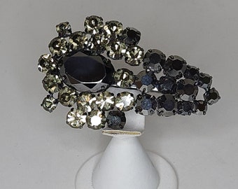 Vintage Gunmetal Tone Hair Clip with Clear Gray and Mirrored Gray Rhinestones B-5-78