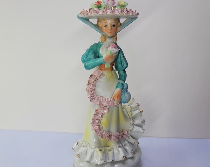 Mid Century Porcelain Ruffled Victorian Lady with Hat and Flower Doll Figurine - Lefton Japan Style