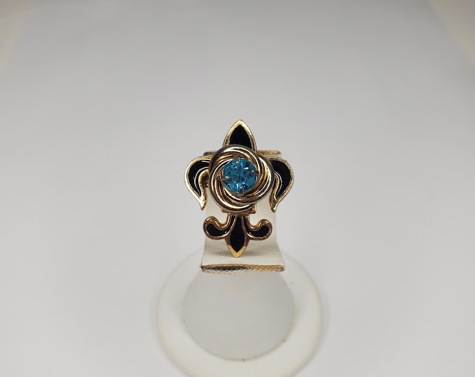 Gold-Tone and Black Enamel Fleur de Lis with Topaz Center Knot Pin/Pendant D-6-58
