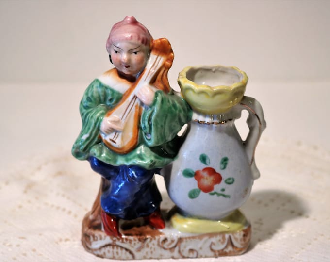 1940-50's Made in Japan Man with Lute Bud Vase Ceramic Figure