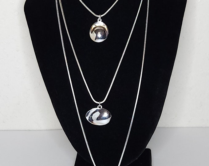 Vintage Chico's Signed Silver Tone Three Strand Necklace with Hammered Circular Pendants C-1-17