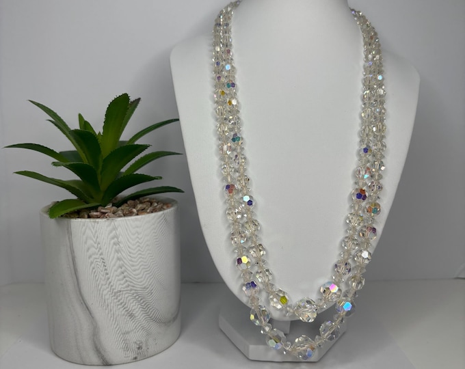 Vintage Double Strand Aurora Borealis AB Graduated Beaded with Sterling Clasp Necklace Approx 22” D-7-2