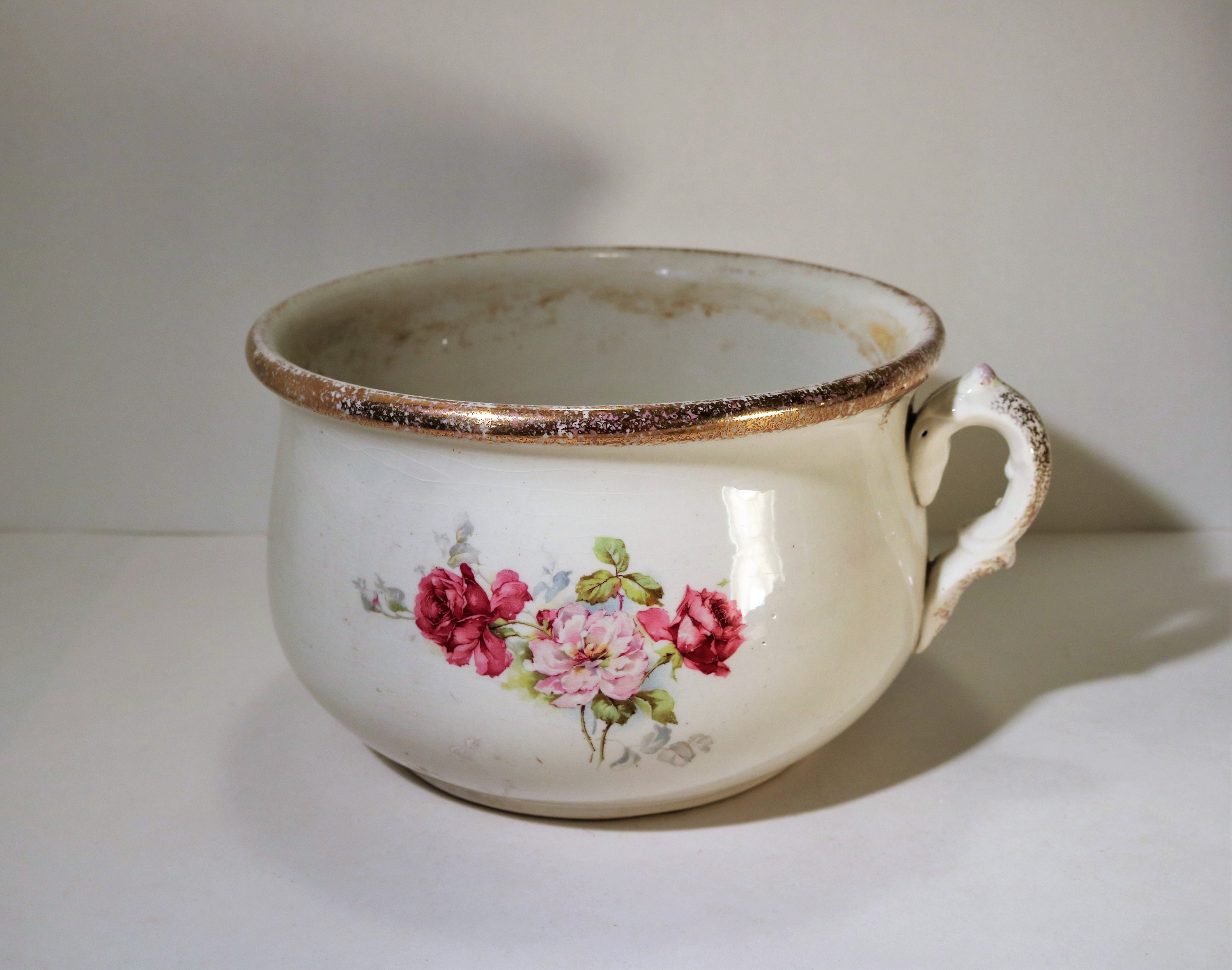 Mid 1800's Warranted Ironstone Chamber Pot with English Rose and Gold