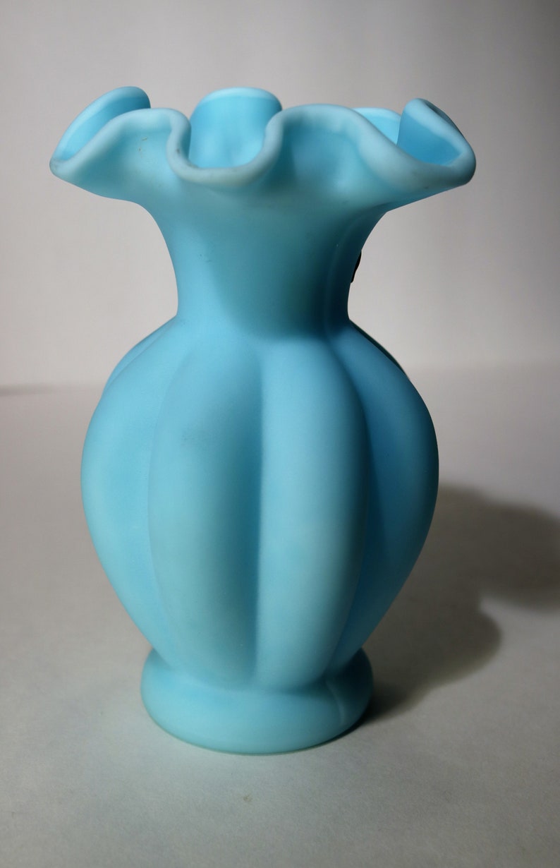 Vintage Fenton Blue Satin Melon Vase Etsy