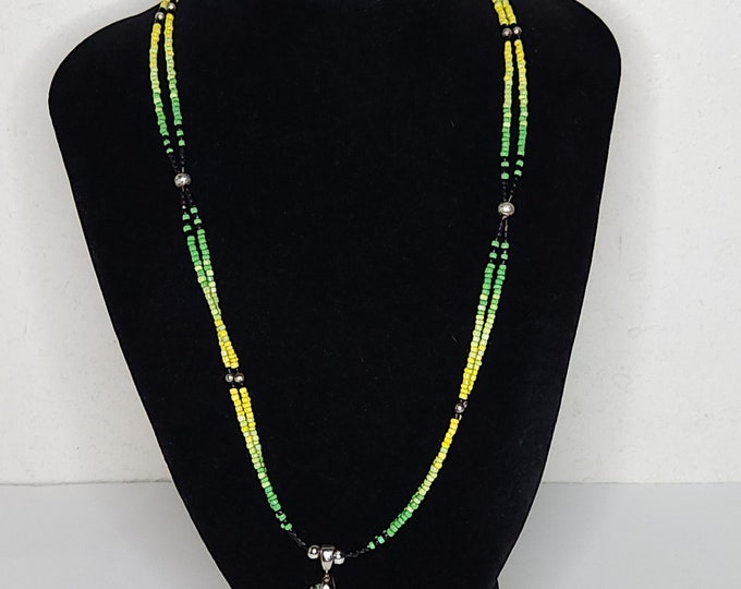 Vintage Stone and Glass Seed Bead Necklace in Green and Yellow with Silver Tone Findings C-5-46